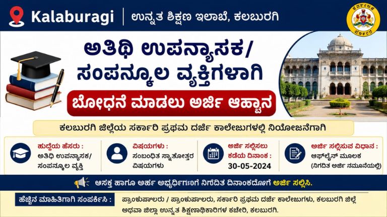 ಕಲಬುರಗಿ: ಚಾಮರಾಜೇಂದ್ರ ಸರ್ಕಾರಿ ದೃಶ್ಯಕಲಾ ಕಾಲೇಜಿನಲ್ಲಿ ಅತಿಥಿ ಉಪನ್ಯಾಸಕ ಹುದ್ದೆಗೆ ಅರ್ಜಿ ಆಹ್ವಾನ – ಕೊನೆ ದಿನಾಂಕ 15-05-2026